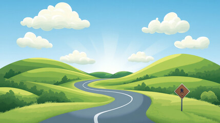 Obraz premium Empty winding road in mountains with green grass, traffic sign and clouds on sunny sky. Cartoon vector illustration of summer day landscape with rocky hills and asphalt highway for travel concept.