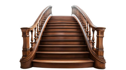 Elegant wooden staircase winding upward, showcasing intricate balustrade details against transparent backdrop, highlighting architectural design