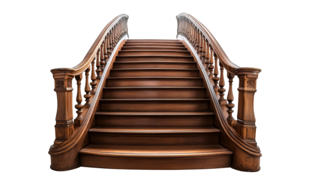 Elegant wooden staircase winding upward, showcasing intricate balustrade details against transparent backdrop, highlighting architectural design