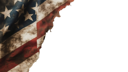 Weathered US flag billowing against transparent backdrop, representing national pride, historical significance, and American identity