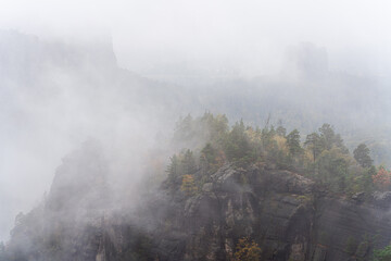 Mystische Gebirge Landschaft mit Nebel im Nationalpark Sächsische Schweiz in Sachsen Deutschland