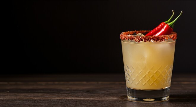 Spicy margarita cocktail served in a crystal glass with a chili garnish, showcasing a vibrant rim and ice, set against a dark background