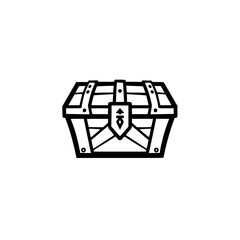 Monochrome graphic illustration of a closed, stylized treasure chest.