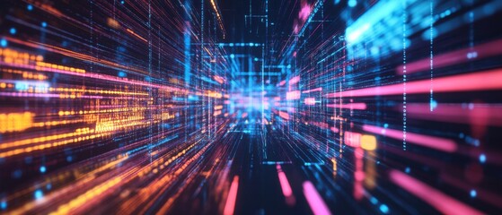Abstract digital data stream with glowing neon lines, representing big data, artificial intelligence, and future technology