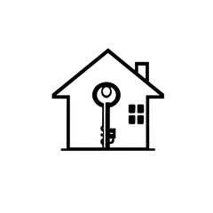 Key to the Home: minimalist design, stylized house with a key in black and white with a simplistic modern design.