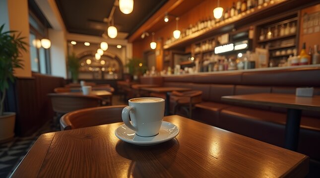 Cozy atmosphere in a cafe with freshly brewed coffee on a wooden table during morning hours in a modern urban setting - Powered by Adobe