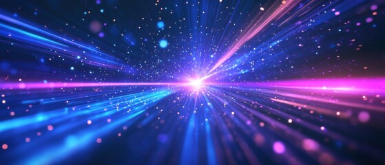 Fototapeta premium Abstract cosmic background with light speed trails and glowing particles in blue and magenta, concept of space travel, science fiction, and futuristic technology
