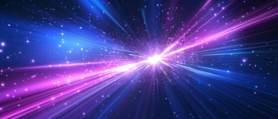 Naklejka premium Abstract cosmic burst with blue and purple light rays and sparkling particles, creating a dynamic and energetic space background Concept of speed, technology, and future