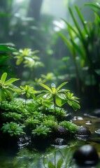 Fototapeta premium Small plant near calm water in misty forest. Backdrop is foliage and fog, use background