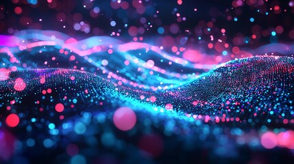 Futuristic visualization of quantum communication networks, data-like streams, holographic nodes, neon neural pathways, digital particles