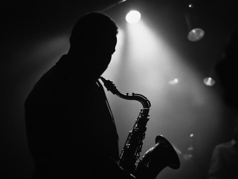 Silhouette of a Saxophonist in Concert: Live Jazz Music Performance in Black and White