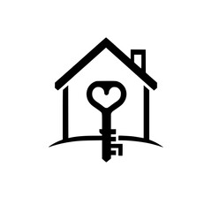 House silhouette of a keyhole heart house with a key-shaped heart.