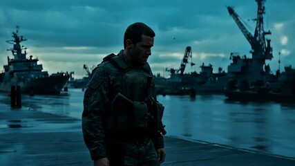 A military soldier stands resolutely by the waterfront during the beautiful dusk hours as darkness approaches