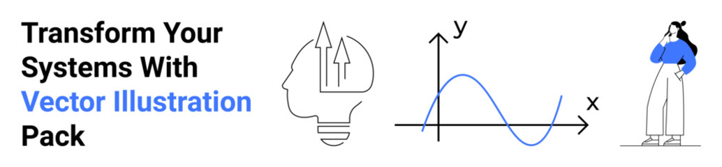 Lightbulb with arrows symbolizing ideas, graph curves for data analysis, woman contemplating solutions. Ideal for innovation, strategy, technology, creativity, education, business flat landing page