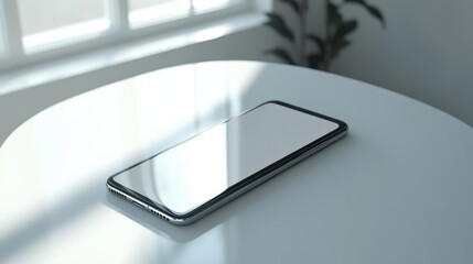 A modern blank-screen smartphone on a white table, representing the fusion of minimalist aesthetics and contemporary technology.
