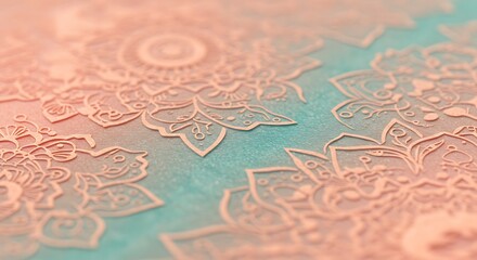 Naklejka premium Intricate floral mandala patterns with soft peach and turquoise gradient background, concept for wellness spa decoration, yoga studio branding and bohemian lifestyle promotion