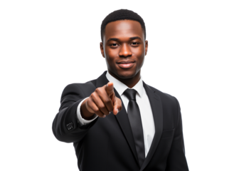 Confident businessman in suit pointing at viewer, success and motivation concept