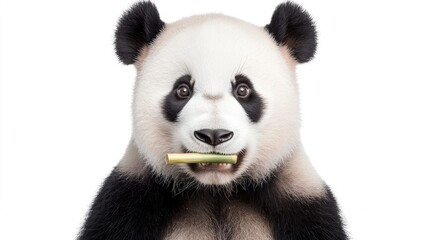 Naklejka premium Cute panda eating bamboo, white background, wildlife conservation