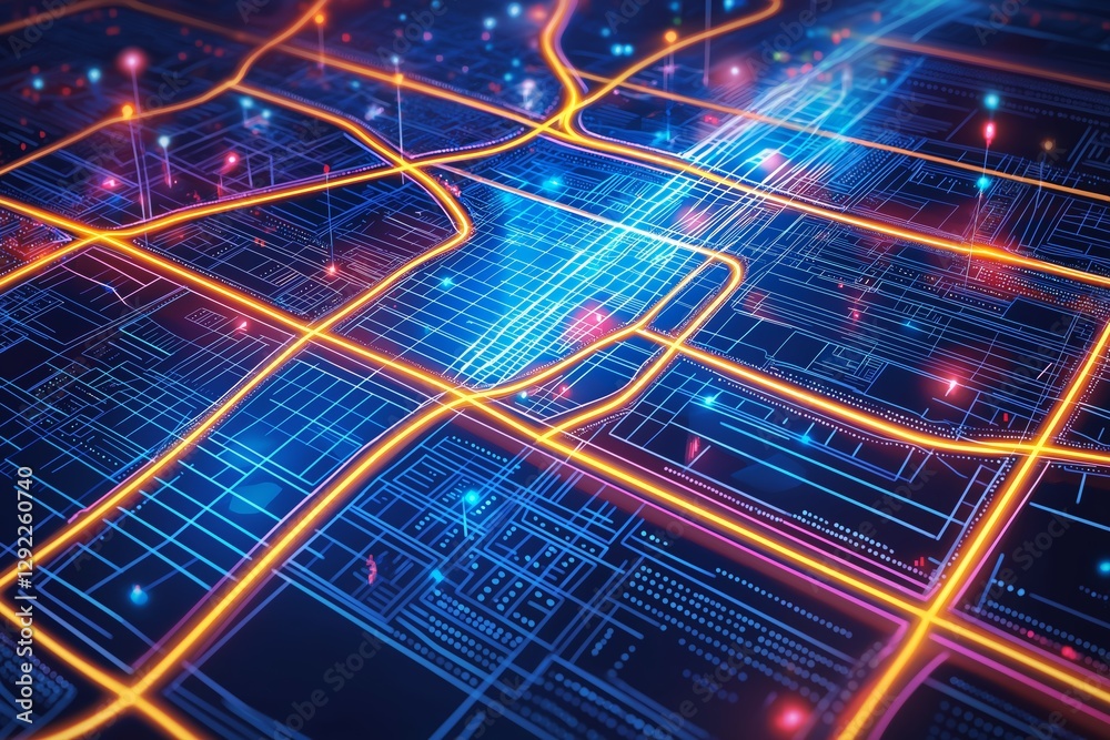 Poster digital network map with glowing circuits and data pathways, representing smart city technology, innovation, and digital infrastructure, Generative AI