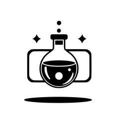 Black and white stylized illustration of a chemistry flask with a round bottom in front of a 