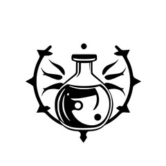 Black & White emblem of a potion flask surrounded by thorns.