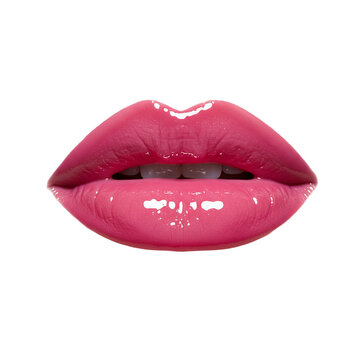 female lips with glossy pink lipstick, PNG, kiss lips png, 3d lips cutout, bold pink lips png, makeup lips transparent, romantic lips cutout