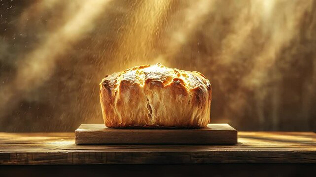 Bread on wooden table. A half of a loaf of bread is blurred in the background. Wooden beams light up the table. A loaf of bread on a lifestyle wooden surface.