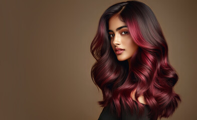 Beautiful Indian Woman with burgundy balayage , hair coloring technique. Beauty model girl with medium length soft wavy hair . curly hairstyle dye .Fashion, cosmetics and makeup