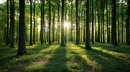 Obraz premium Enchanting Forest Scene with Lush Green Trees and Gentle Light, Service metrics nurture forest growth concept.