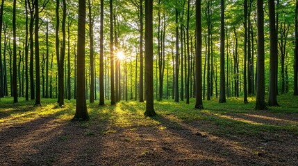 Fototapeta premium Enchanting Forest with Sunlight Filtering Through Green Trees, Service metrics nurture forest growth concept.