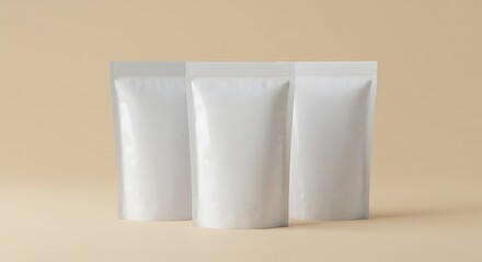 Three White Stand Up Pouches on Brown Background
