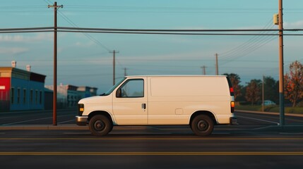 White Delivery Van Driving on Suburban Street at Sunset