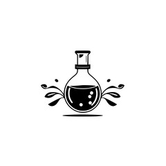 Black Ink Lab Flask Illustration with Leaves and Bubbles