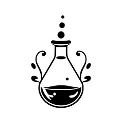 A stylized, black and white illustration of a flask-shaped vessel, surrounded by leaves, set on a stark white background.