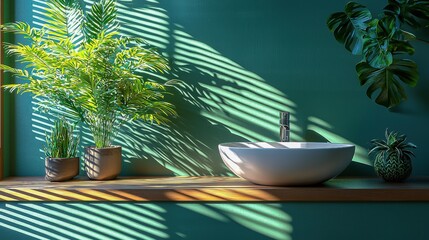 Obraz premium Modern White Bathroom Interior with Large Window and Abundant Green Plants