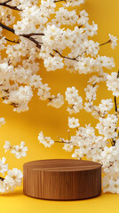 Wooden Podium with Spring Blossoms: A Minimalist Product Display