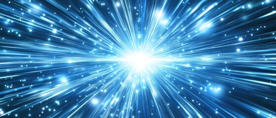 Abstract blue light speed background with glowing particles, representing futuristic technology, data transfer, and cosmic energy