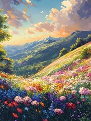 Obraz premium Wildflowers Meadow. Colorful Flower Floral Scenic Landscape