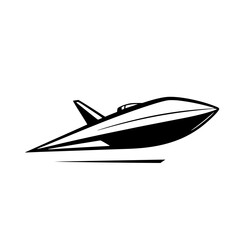 A sleek, black and white vector illustration of a speedboat, highlighting speed, streamlined design, and minimalist style.