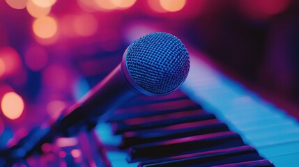 Neon-lit microphone on piano keys, concert stage