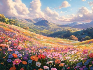Fototapeta premium Wildflowers Meadow. Colorful Spring Flower Floral Scenic Hill Landscape