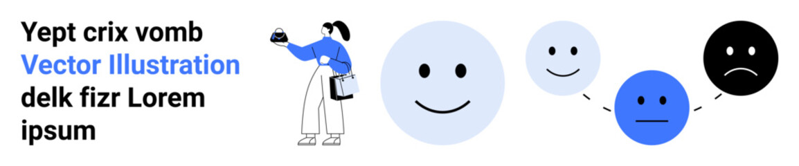 Person holding flask studies emotional expressions represented by faces showing happiness, neutrality, and sadness. Ideal for psychology, emotions, mental health, behavior analysis, education, mood