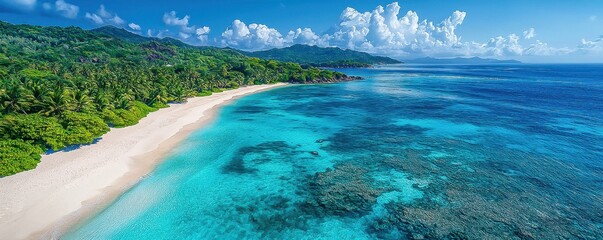 Obraz premium Aerial View of Grand Anse Beach, Seychelles: Catamaran Sailing in the Ocean