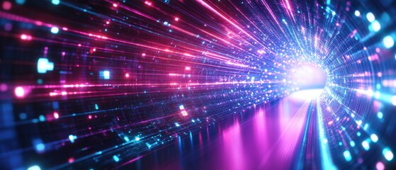 Fototapeta premium Abstract data stream tunnel with glowing neon lights, futuristic technology background for digital transformation and big data concept