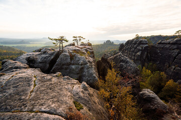 Sonnenuntergang am Lehnsteig Sandstein Berg im Nationalpark Sächsische Schweiz in Sachsen Deutschland