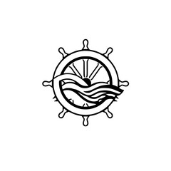 Minimalist Illustration of a Ship's Wheel with Waves and a Nautical Motif on White Background.