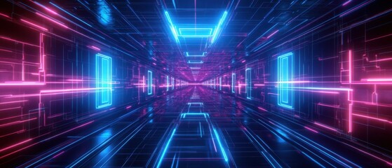 Abstract neon glowing tunnel with pink and blue lights, futuristic corridor with digital technology and data stream, concept of cyberspace and virtual reality