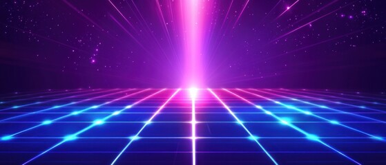 Naklejka premium Retro futuristic neon grid with glowing light beam in purple and blue, concept of virtual reality, metaverse, and digital space