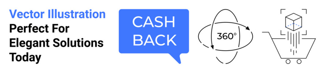 Cashback speech bubble, 360-degree icon, AR-integrated virtual shopping cart with floating cube. Ideal for e-commerce, digital marketing, retail innovation, customer engagement, VRAR tech, payment
