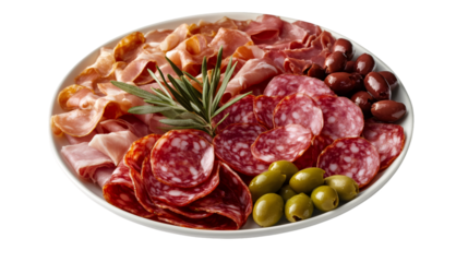 Salami slices, ham, green and black olives with rosemary garnish arranged on white ceramic plate against transparent backdrop